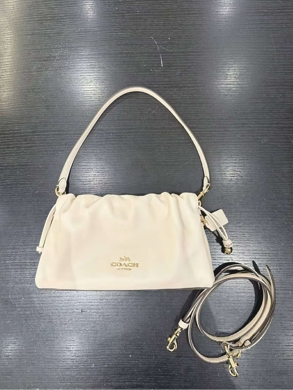 Coach Cream Pebbled Leather Ruched Shoulder & Crossbody Bag with Gold Hardware
